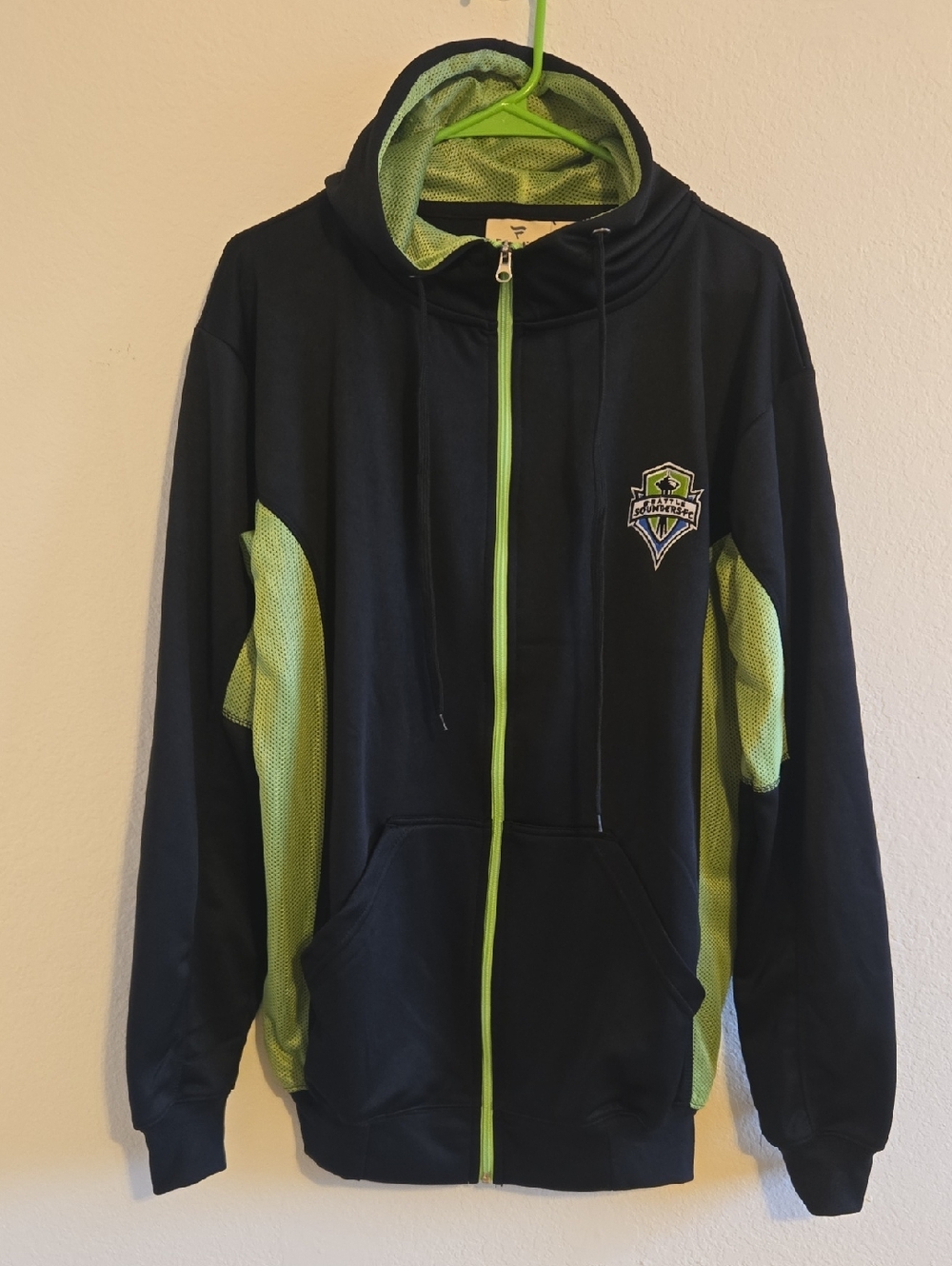 Fanatics MLS Seattle Sounders Navy and Lime Green Mesh Zip-Up Hoodie - MT
